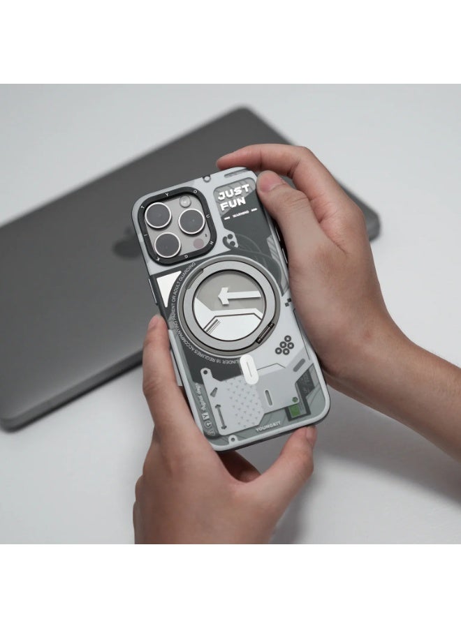 يونج كيت جراب Cyberpunk مزود بحامل مغناطيسي دوار 360 درجة لهاتف iPhone 16 Pro - حماية كاملة، امتصاص للصدمات، طباعة عالية الدقة مزدوجة الطبقات، مسند متعدد الزوايا - Image 2